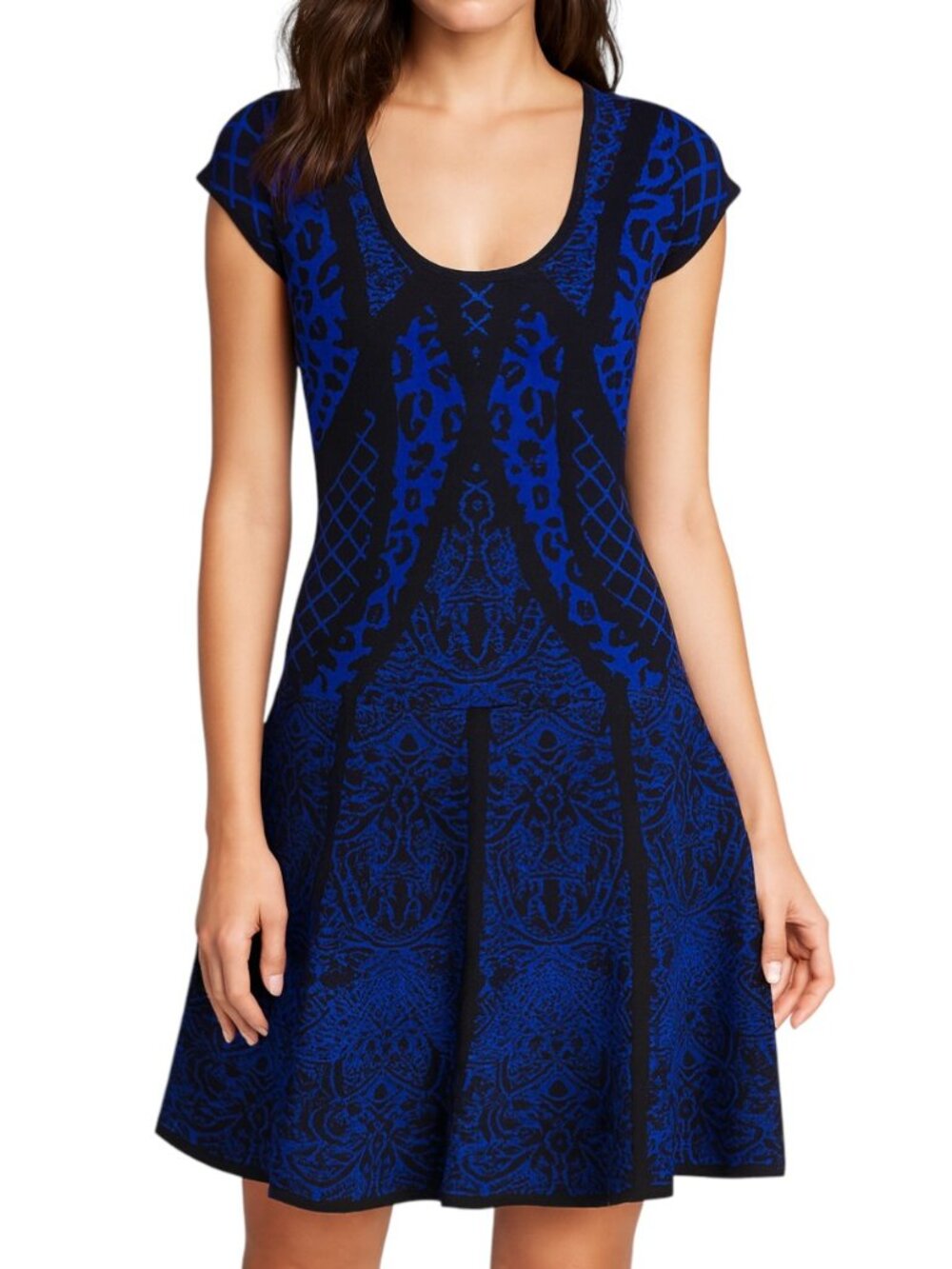 Nicole Miller Blue Black Baroque Fit & Flare Knit Dress M NWT $265